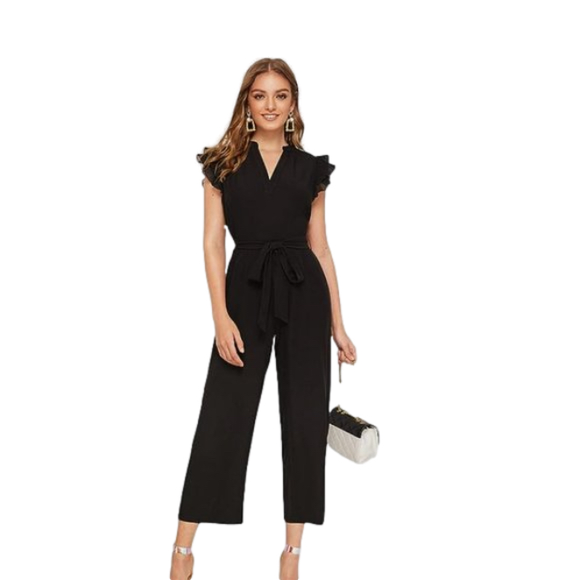 Pants - Women's Layered Ruffle Cap Sleeve Notched V Neck Belted Jumpsuit Pants